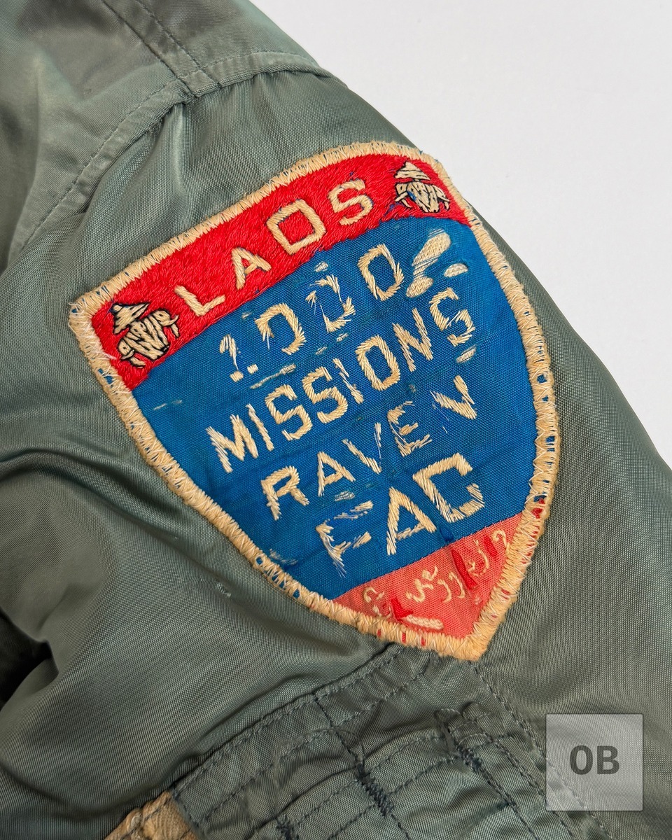 Raven FAC patch on flight jacket shoulder with sleeve pocket