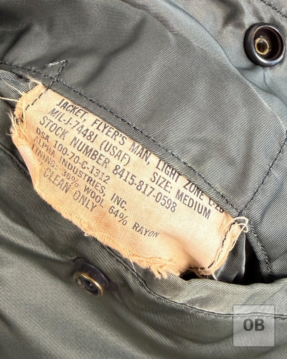 L-2B flight jacket interior label MIL-J-7448J Alpha Industries contract DSA 100-70-C-1312